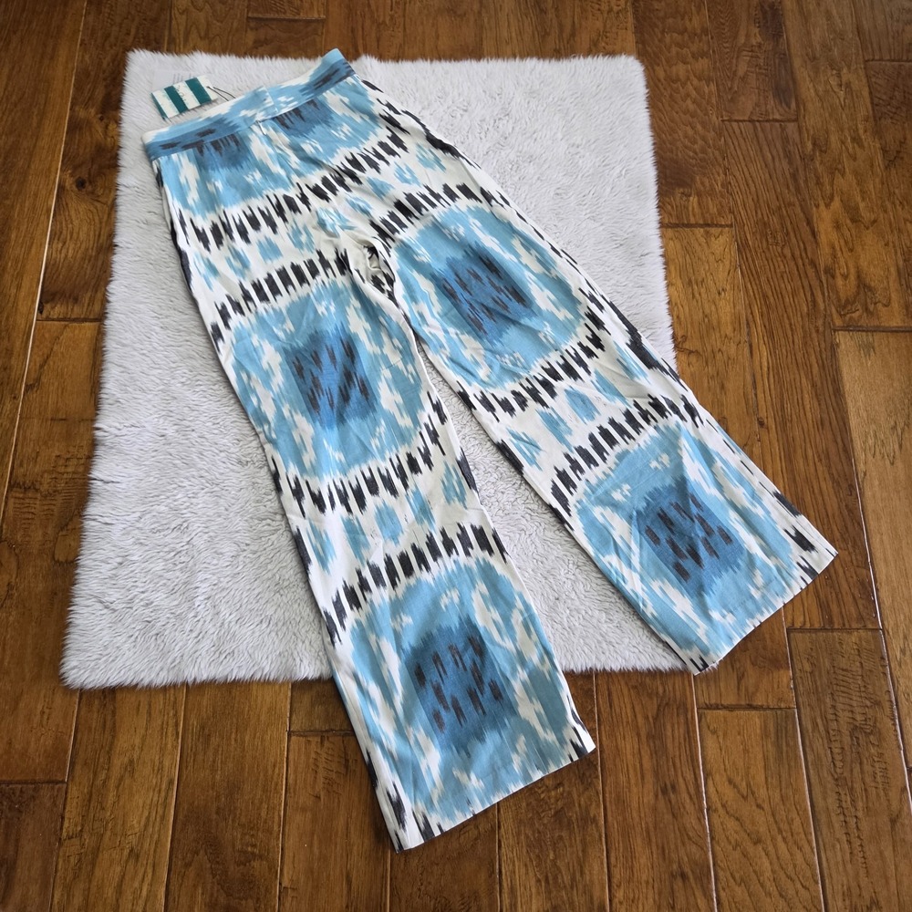 Wide Leg Pull-On Pants in Blue Ikat Print